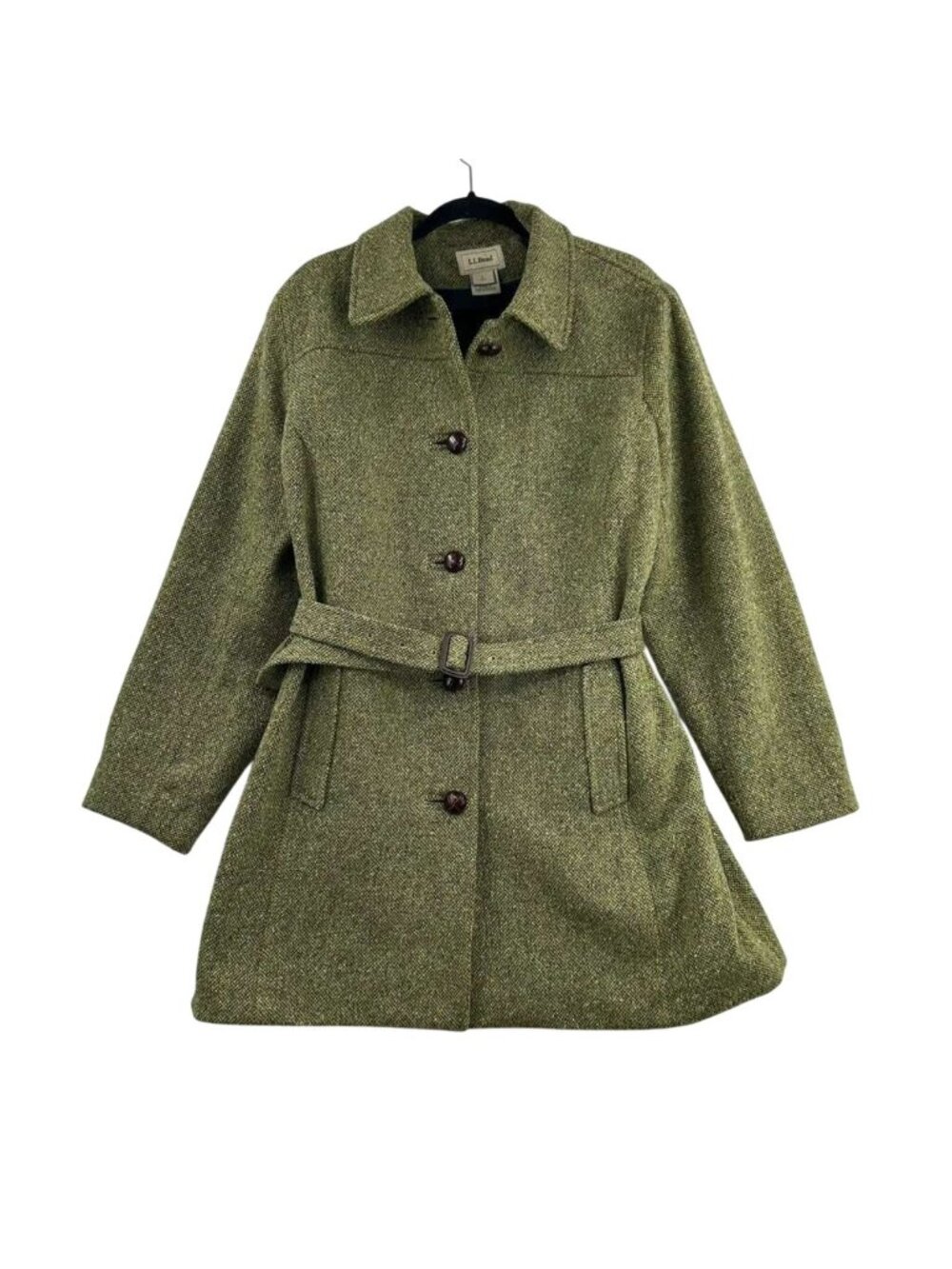 L.L Bean Coat Women's Size Large Petite Green Tweed Belted Wool & Silk Blend